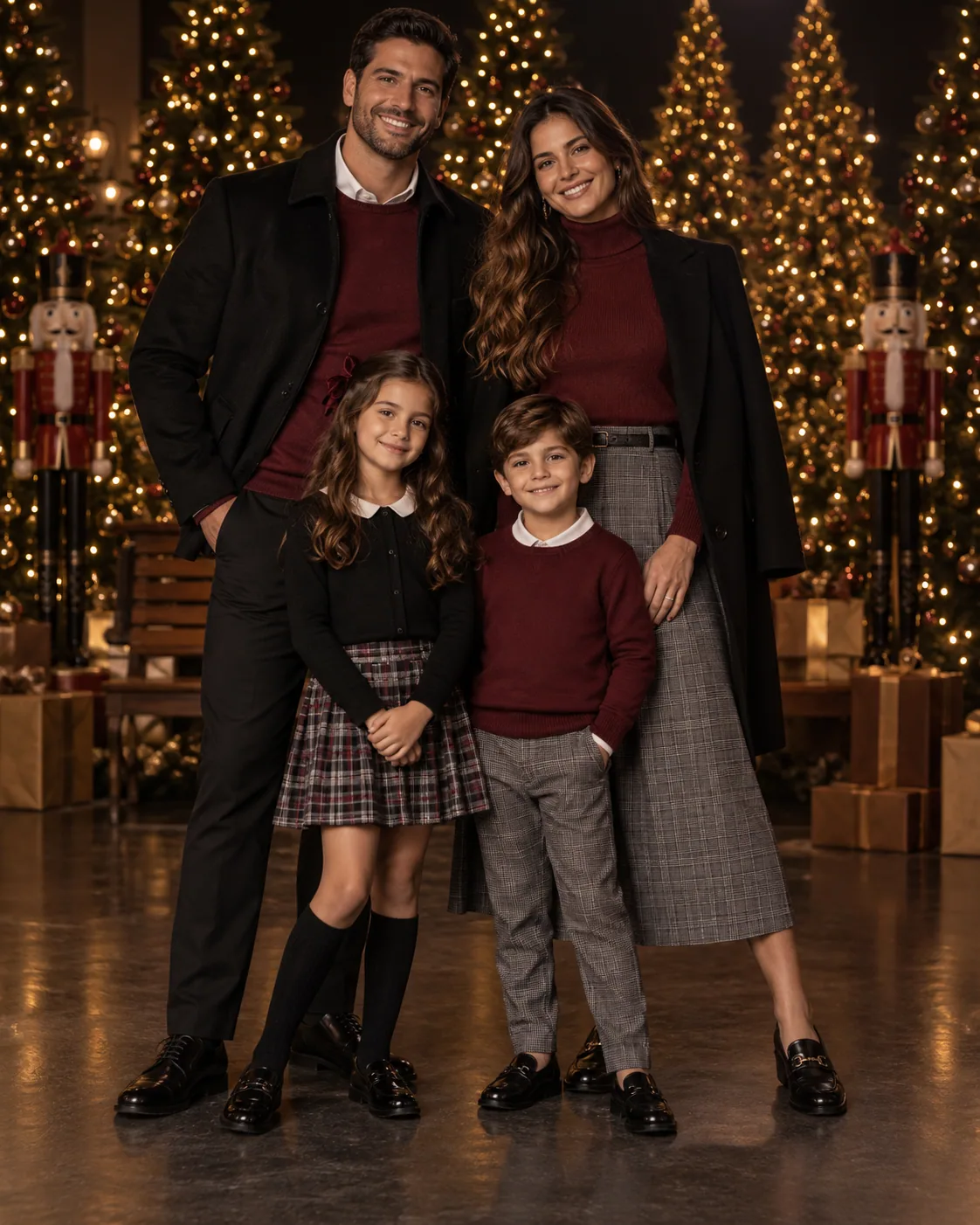 Família com looks modernos em vinho, preto e cinza no cenário de Natal