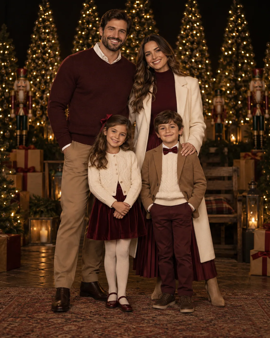 Família com looks coordenados em vinho, marfim e camel no cenário de Natal