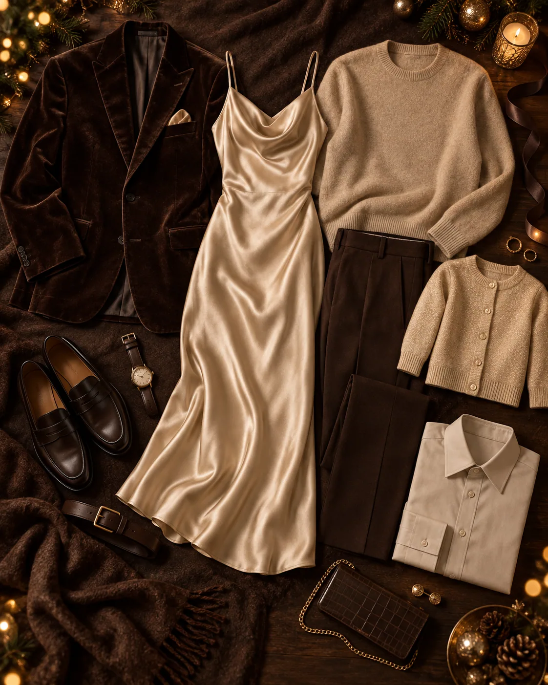 Composição de roupas em chocolate, champagne e areia para o estilo Elegância Atemporal