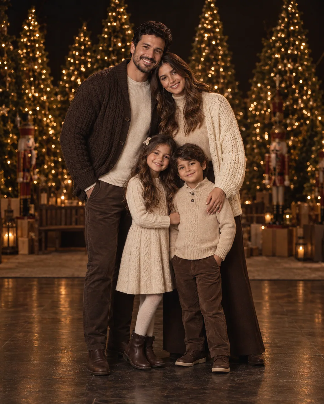 Família com tricôs coordenados em creme, bege e marrom no cenário de Natal