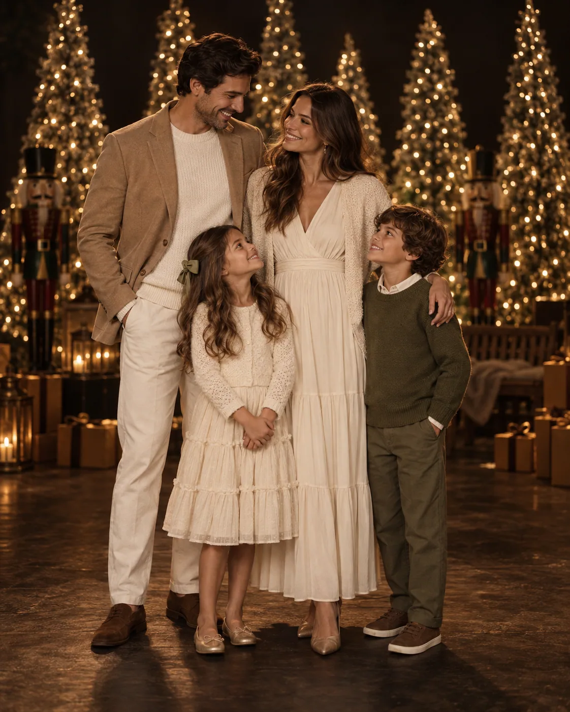 Família com roupas naturais em off-white, camel e oliva no cenário de Natal