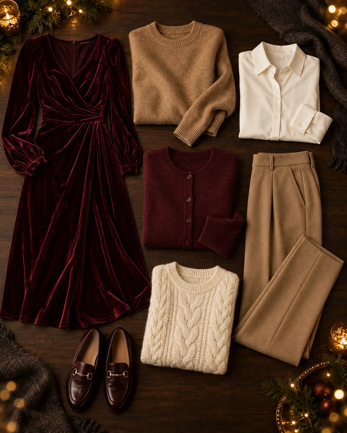 Composição de roupas em vinho, marfim e camel para o estilo Clássico Natal
