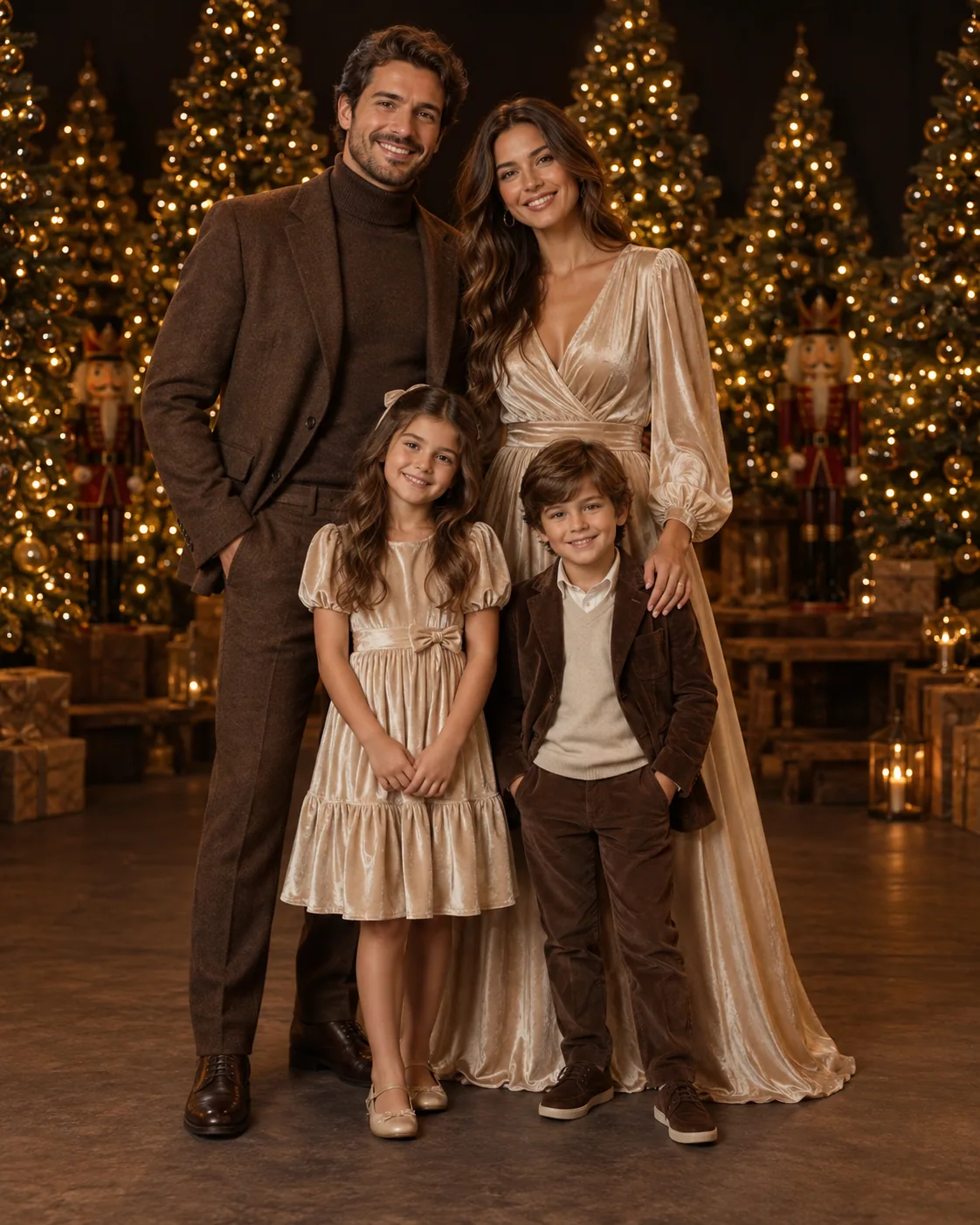 Família com looks elegantes em chocolate, champagne e areia no cenário de Natal