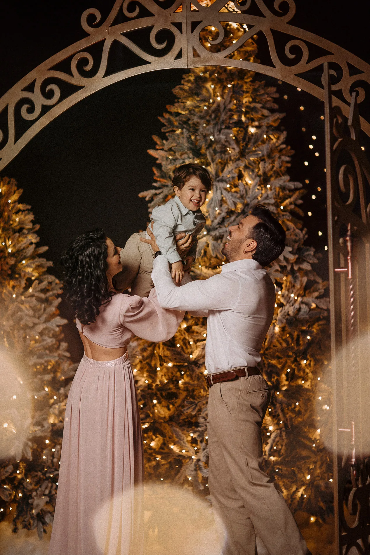 Família levantando a criança junto à árvore e ao portão dourado.